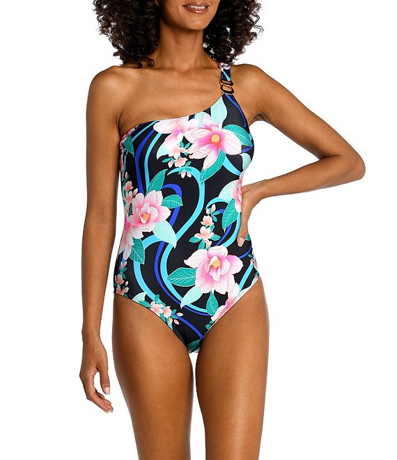 Color:Black - Image 1 - Nightfall Floral Print One Shoulder One Piece Swimsuit