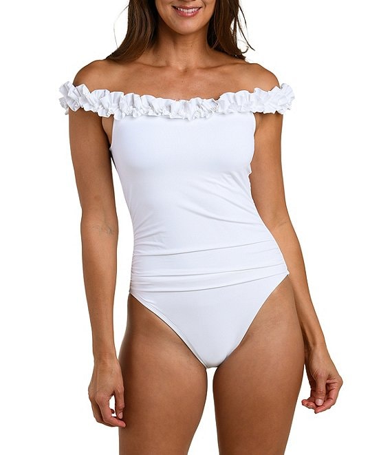 La Blanca Off-The-Shoulder Solid Ruffle One Piece Swimsuit