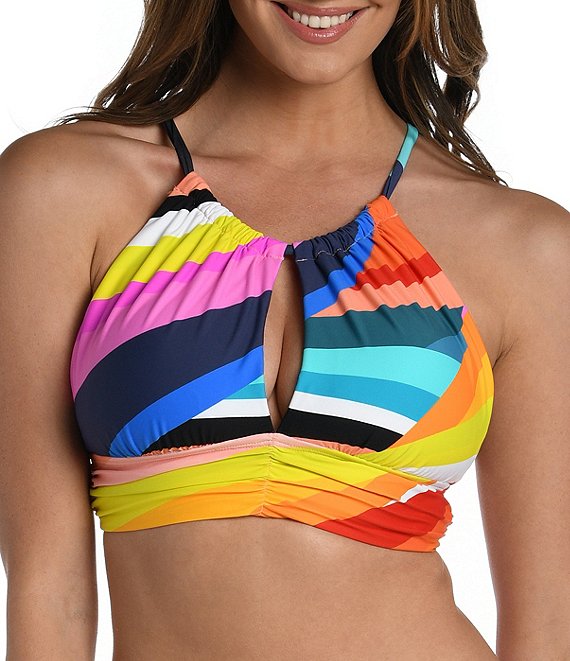 Color:Multi - Image 1 - Sunscape Abstract Print Halter Neck Midline Swim Top