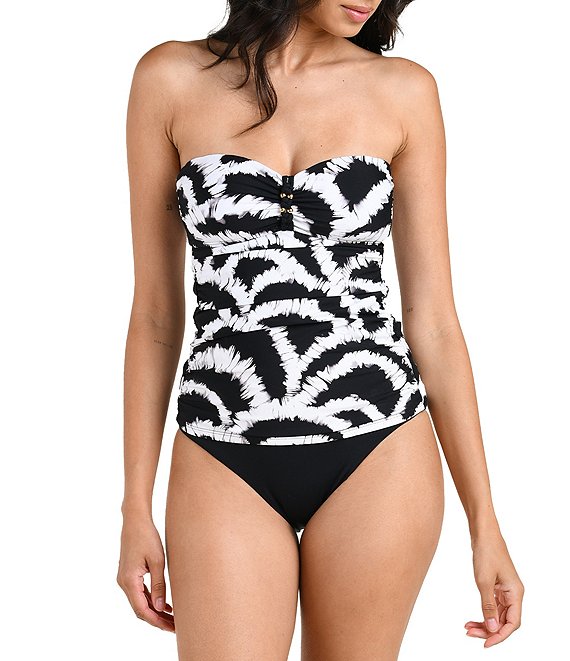 La Blanca Woven Shadow Bandeau Tankini Swim Top & Solid Mid Waist Bikini Swim Bottom