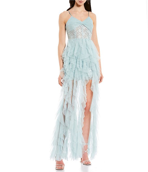 Lace Illusion Corset Lace-Up Back Long Dress | Dillard's