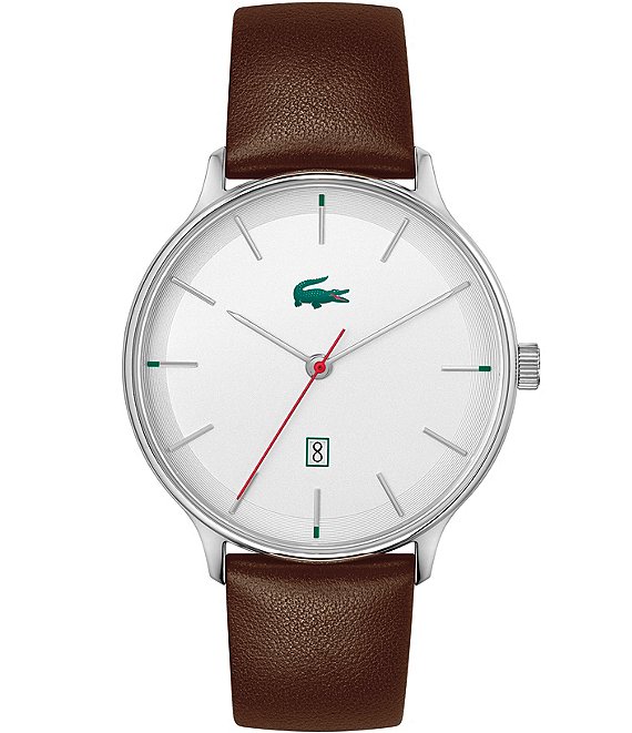 Color:Brown - Image 1 - Men's Lacoste Club Three-Hand Brown Leather Strap Watch
