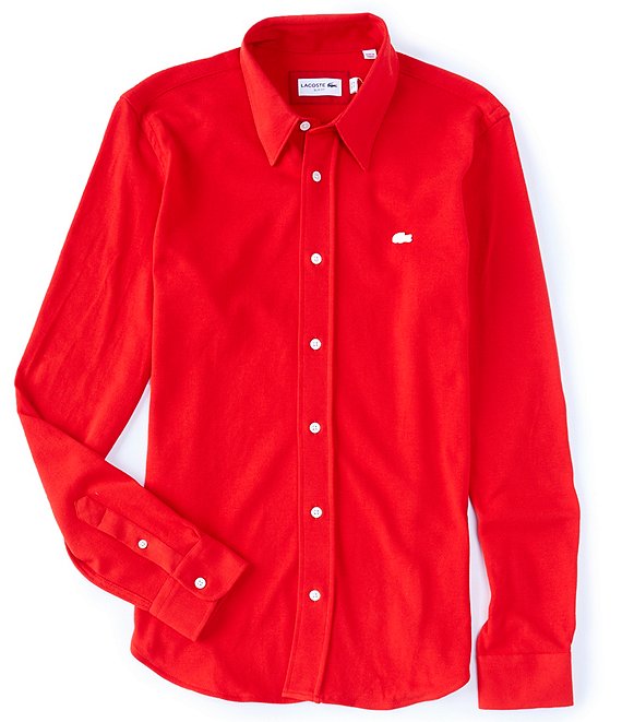 Color:Red - Image 1 - Slim-Fit Solid Long-Sleeve Woven Shirt