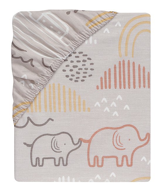 Color:Taupe/Multi - Image 1 - Baby Noah Ark Collection Elephant/Ark/Rainbow Cotton Fitted Crib Sheet
