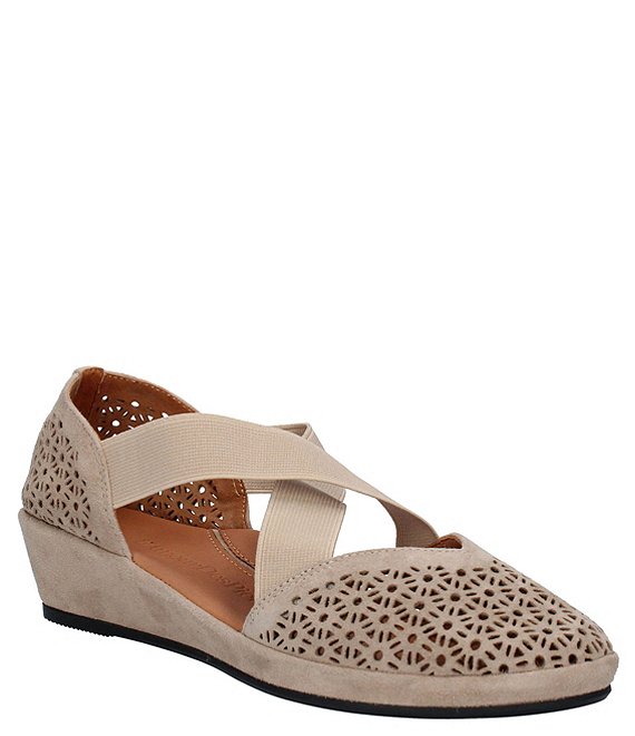 Color:Taupe Kid Suede - Image 1 - Barvett Perforated Suede Wedge Slip-Ons
