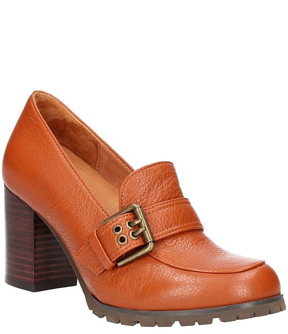 Color:Whiskey Lamba - Image 1 - Quinziano Leather Buckle Block Heel Loafer Pumps