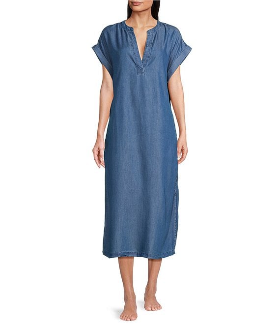 Landry Solid Chambray Short Sleeve Split V-Neck Woven Caftan | Dillard's