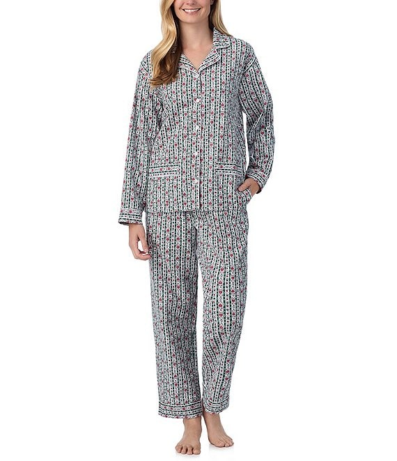 Lanz of Salzburg Allover Printed Cotton Flannel Long Sleeve Notch Collar Holiday Heart Print Pajama Set