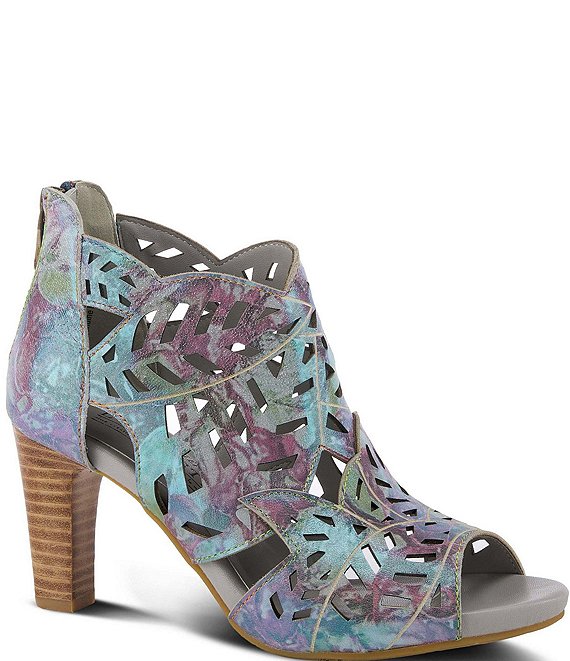 L'ARTISTE Amora Hand-Painted Embossed Laser-Cut Leather Peep Toe Shooties