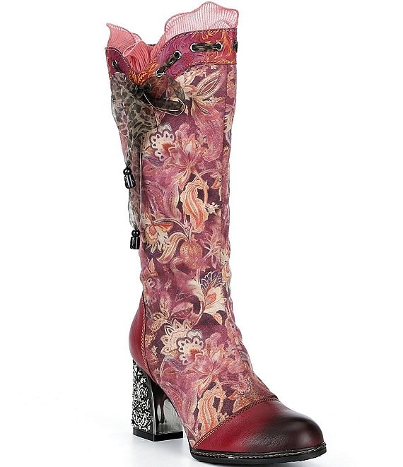 L'ARTISTE Rorria Floral Printed Ruffled Suede Boots