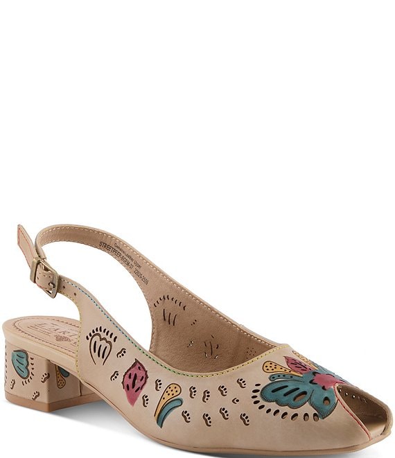 L'ARTISTE Streetpeep Hand-Painted Laser Cut Leather Peep Toe Slingback Pumps