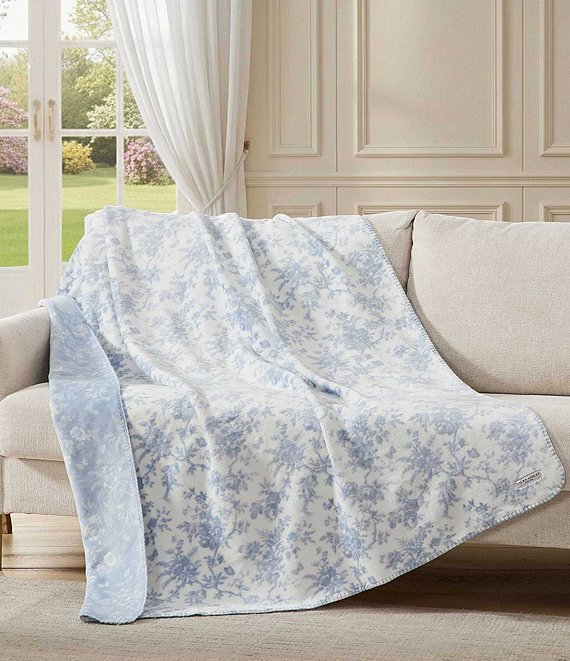 Laura Ashley Bedford Floral Printed Plush Reversible Throw Blanket
