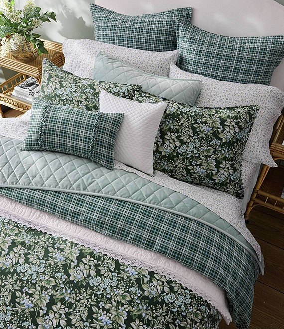 Laura Ashley 7pc Full/Queen Bramble Floral 100% Cotton Comforter Sham Bonus  Set Green