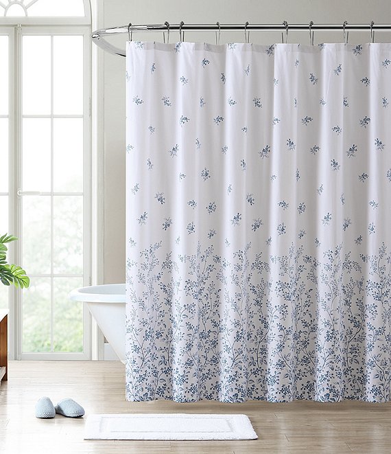 Color:Blue/White - Image 1 - Flora Cotton Twill Shower Curtain