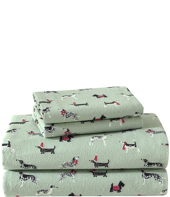 Laura Ashley Holiday Pups Printed Cotton Flannel Sheet Set