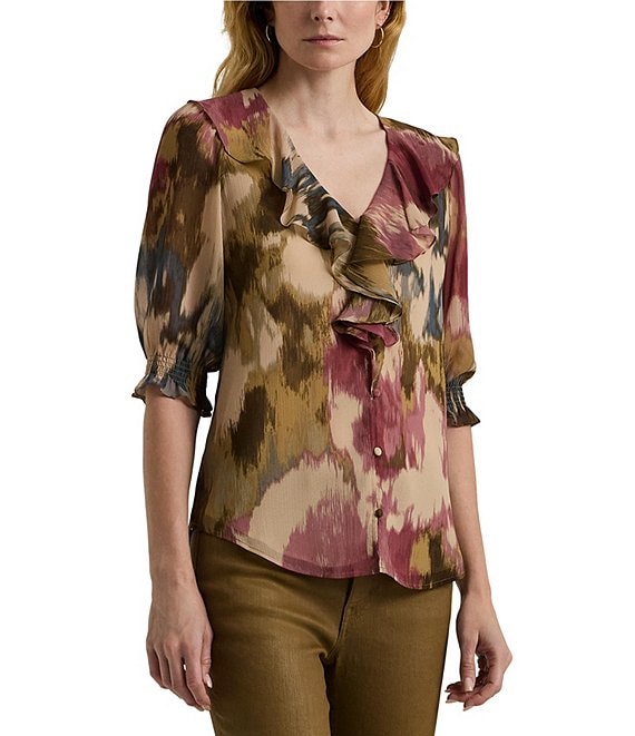 Lauren Ralph Lauren Watercolor Ruffle Trim Smocked Cuff