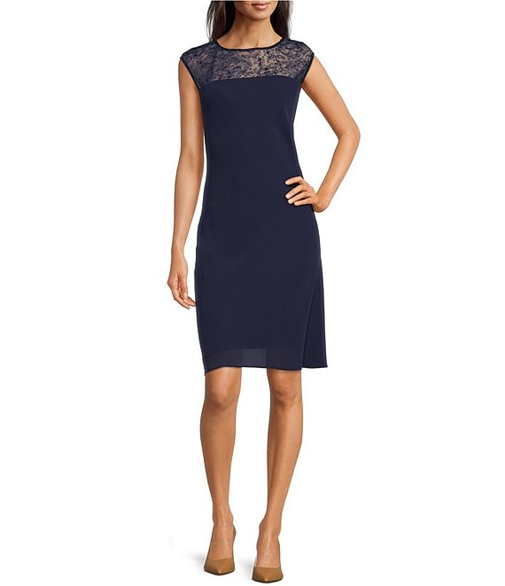 Lauren Ralph Lauren Beaded Lace Illusion Neck Sleeveless A-Line Dress |  Dillard's