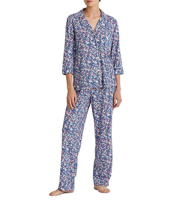 Color:Blue Floral - Image 1 - Blue Floral Print 3/4 Sleeve Notch Collar Long Knit Pajama Set