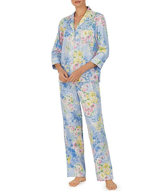 Lauren Ralph Lauren Blue Floral Print 3/4 Sleeve Notch Collar Woven Pajama  Set | Dillard's