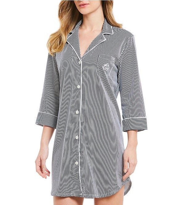 Lauren Ralph Lauren Classic Notch Collar 3/4 Sleeve Striped Cotton  Nightshirt | Dillard's