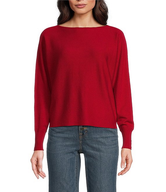 Lauren Ralph Lauren Cotton Blend Boat Neck Long Dolman Sleeve Button Cuff Sweater