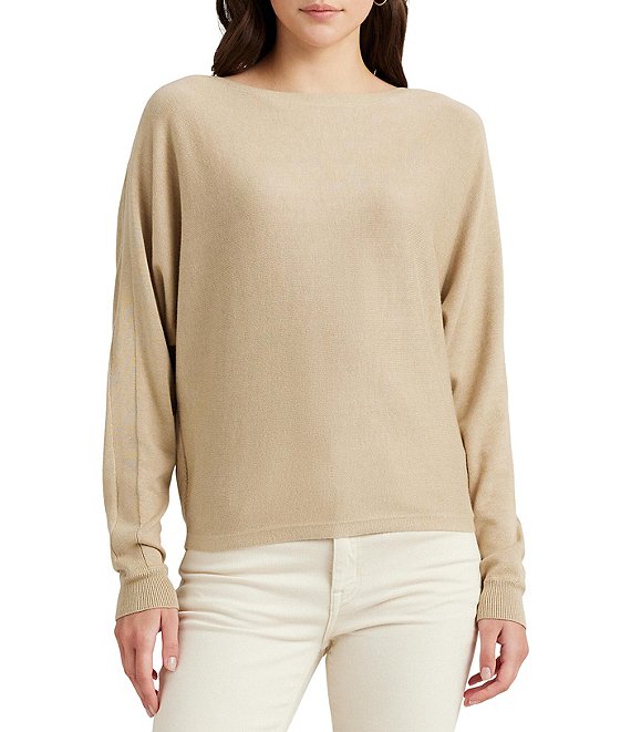 Color:Birch Tan - Image 1 - Knit Cotton Blend Boat Neck Long Sleeve Sweater