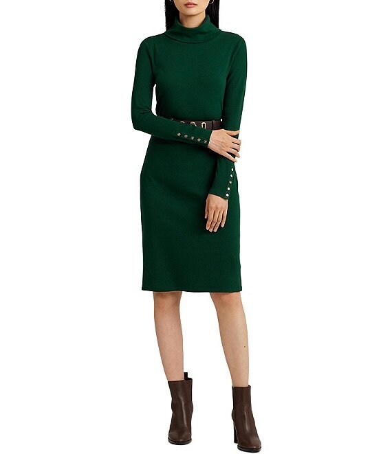 Color:Season Green - Image 1 - Cotton Blend Turtleneck Long Sleeve Sheath Dress