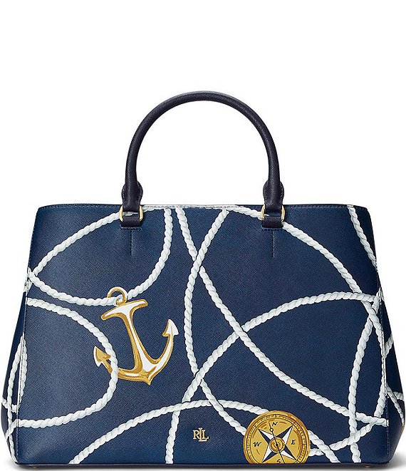 Lauren Ralph Lauren Crosshatch Nautical Print Leather Large Hanna Satchel  Bag