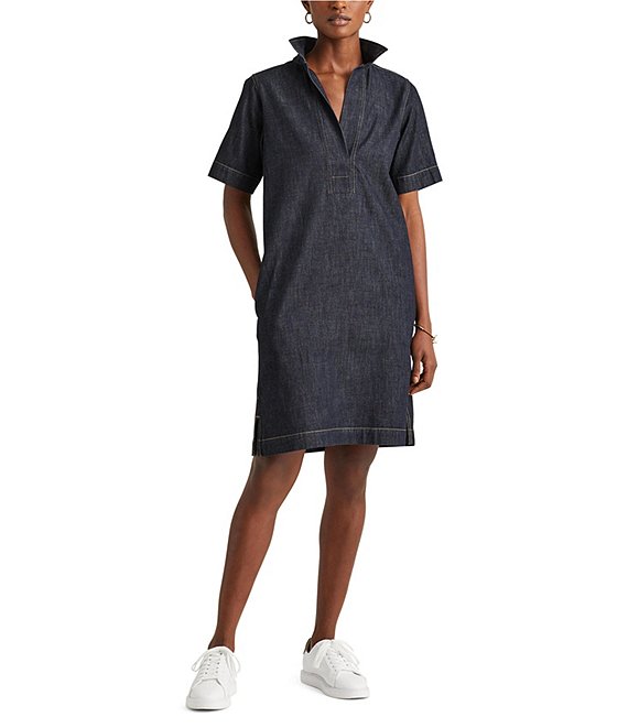 Lauren Ralph Lauren Denim Waistless Johnny Collar Short Sleeve Waistless  Shirt Dress