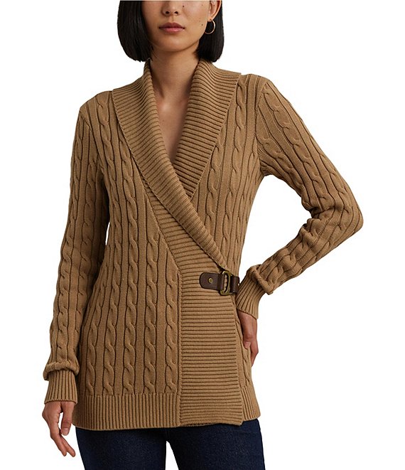 Fashion Polo Ralph Lauren Women's Tan 100% Wool Knit Long Cardigan w/ Leather Buckle M