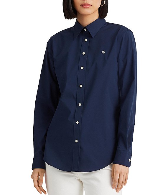 Color:Lauren Navy - Image 1 - Easy Care Point Collar Long Sleeve Cotton Blend Shirt