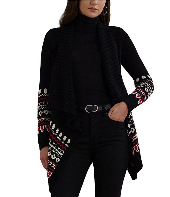 Lauren Ralph Lauren Womens Black Red Wintry popular Pattern Shawl Cardigan Size XS $245