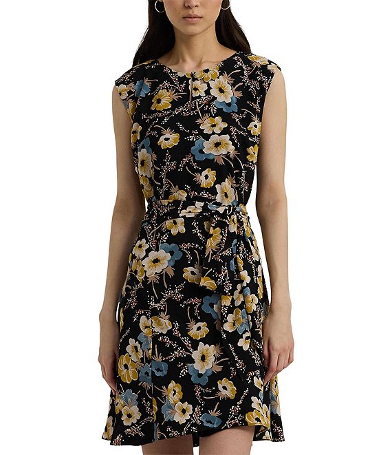 Lauren Ralph Lauren Floral Bubble Crepe Crew Neck Cap Sleeve Tie Waist ...