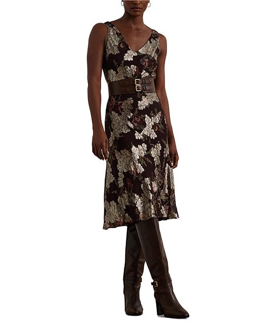 Lauren Ralph Lauren Floral Metallic Jacquard V Neck Sleeveless Dress