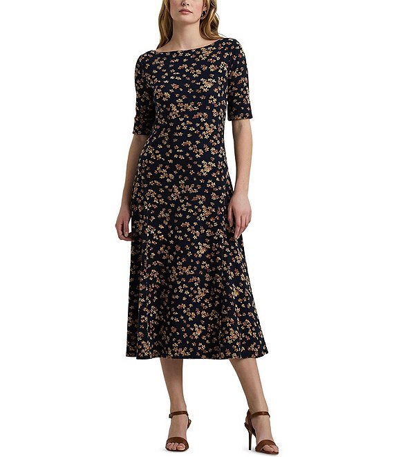 Lauren Ralph Lauren Floral Print Boat Neck Elbow Sleeve Fit And Flare Midi  Dress | Dillard's