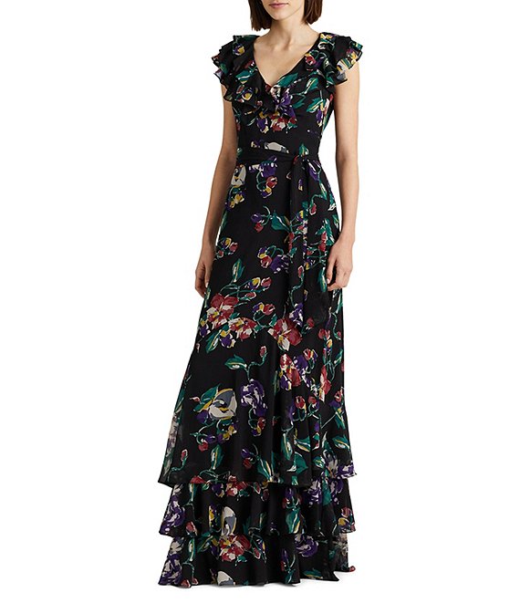 Lauren Ralph Lauren Floral Print Ruffle V-Neck Flutter Sleeve Tiered ...