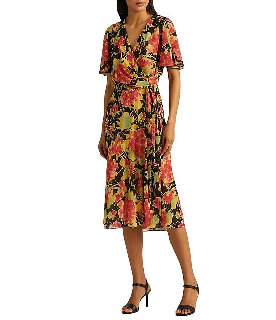 Lauren Ralph Lauren Floral Print Surplice V-Neck Short Flutter Sleeve Crinkle  Georgette Midi Dress | Dillard's