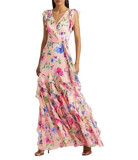 Lauren Ralph Lauren Floral Print V-Neck Ruffle Trim Gown | Dillard's