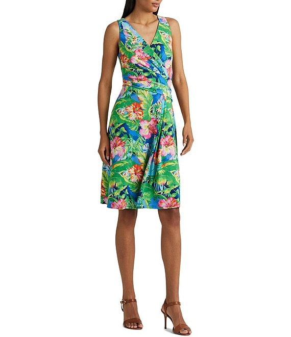 Lauren Ralph Lauren Floral Print V-Neck Sleeveless A-Line Dress | Dillard's