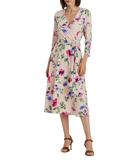 Color:Pink Mu - Image 1 - Floral Print V-Neck 3/4 Sleeve Belted Dress