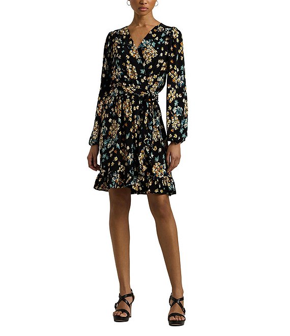 Lauren Ralph Lauren Floral Stretch Jersey Surplice V Neck Long Sleeve Dress