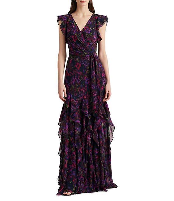 Lauren Ralph Lauren Floral Print Surplice V-Neck Flutter Sleeve Gown ...