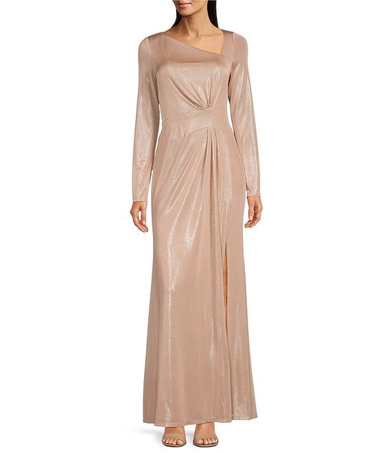 Color:Pink/Silver - Image 1 - Foiled Asymmetrical Neck Long Sleeve Gown