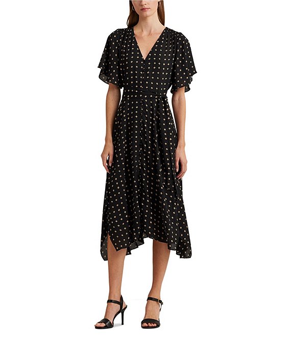 Color:Black Multi - Image 1 - Geometric Crepe Flutter Sleeve V-Neckline Midi Dress