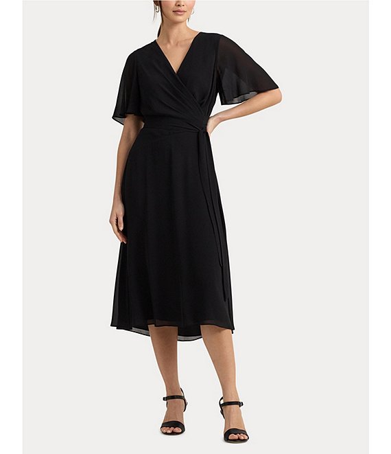 Lauren Ralph Lauren Georgette Surplice V Neck Flutter Sleeve Self Belt Midi Dress Dillard s