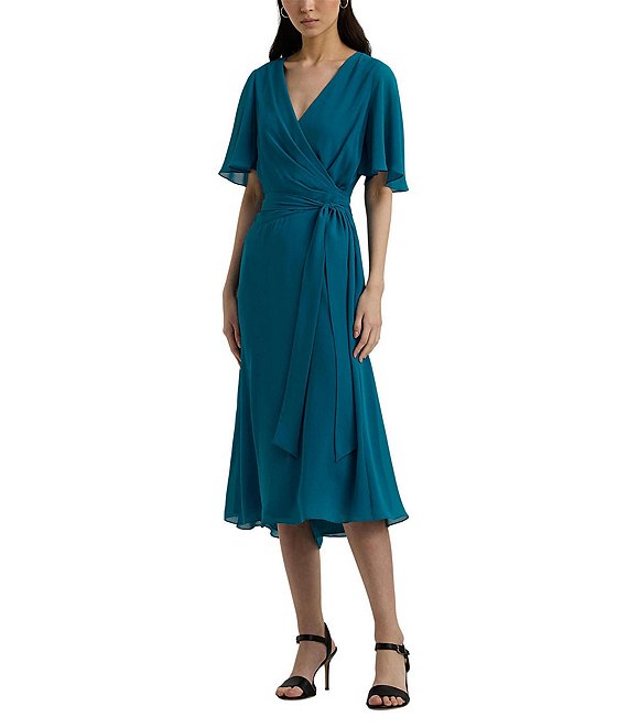 Lauren Ralph Lauren Georgette Surplice V Neck Short Flutter Sleeve Tie Waist Midi Dress Dillard s