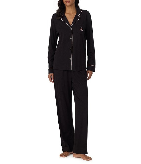 Lauren Ralph Lauren Hammond Solid Long Sleeve Notch Collar Knit Long Pajama Set