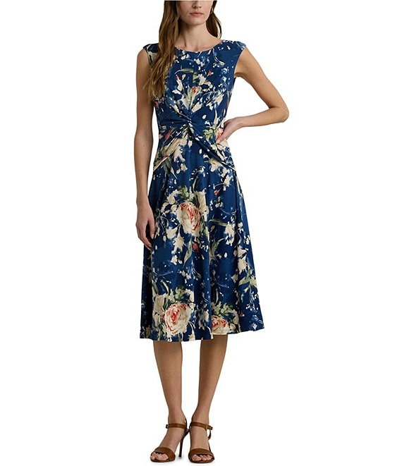 Lauren Ralph Lauren Jersey Floral Print Boat Neck Cap Sleeve Twist ...