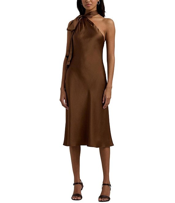 Lauren Ralph Lauren Kassa Satin Charmeuse Asymmetrical Halter Tie Neck Sleeveless Midi Dress Dillard s