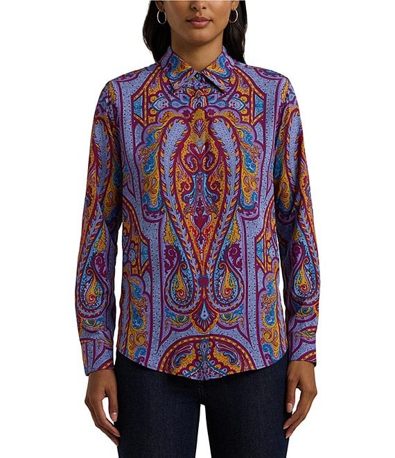 Lauren Ralph offers Lauren Button Down Blouse Long Sleeve Collared Paisley Large Cotton